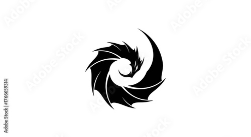 A black abstract dragon-like swirl symbol on a white background.