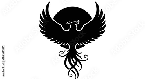 A striking black silhouette of a mythical phoenix with outstretched wings against a dark circular background.