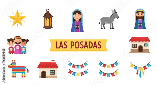 Illustrated icons represent Las Posadas featuring Mary Joseph a donkey star lantern people houses piñata  festive banners