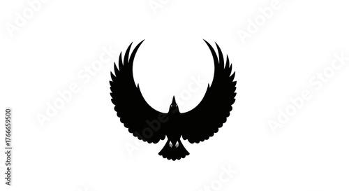 A striking black silhouette of a bird with outstretched wings against a white background.