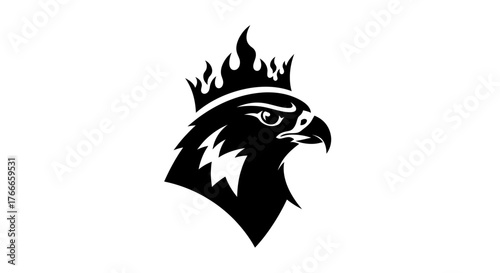 A striking black silhouette of a bird of prey wearing a crown of flames, symbolizing power and intensity.