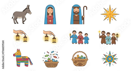 Illustration of a Nativity scene and associated holiday elements