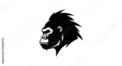 A striking black and white illustration of a gorilla's head in profile, featuring a spiky crest of fur.