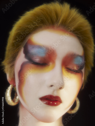 Close-up portrait of a woman with vibrant makeup and golden earrings.