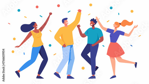 Young adults participate in a flash mob dancing and tossing confetti celebrating a milestone for their local arts program.