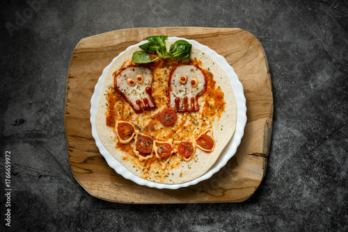 Close-up of Halloween-themed pizza with skull-shaped eyes and tomato mouth on white plate over wooden board, top view food photography for spooky presentation