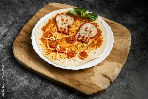 Close-up of Halloween-themed pizza with skull-shaped eyes and tomato mouth on white plate over wooden board, top view food photography for spooky presentation