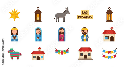 Las Posadas figures star lanterns donkey text Mary Joseph houses piñata  colorful flags