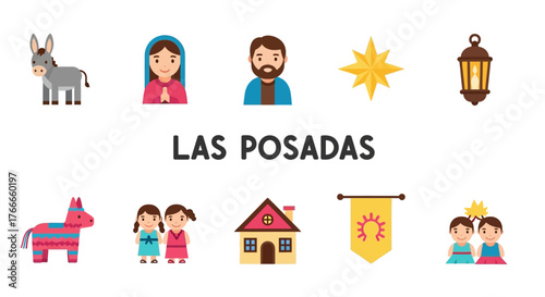 Las Posadas icons feature Mary Joseph donkey star lantern piñata children house banner