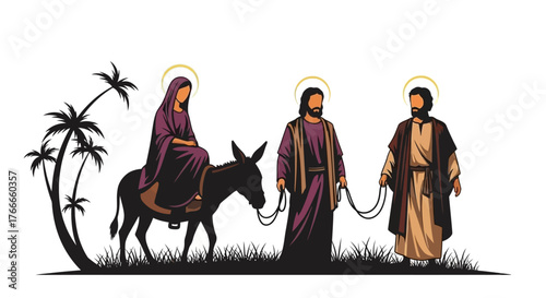 Mary on donkey Joseph leading them golden halos tall palms grass