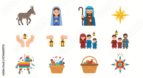 Nativity scene items plus a piñata and baskets of candy