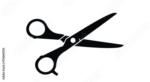 A black silhouette of open scissors, a classic cutting tool, depicted against a clean, plain white background.