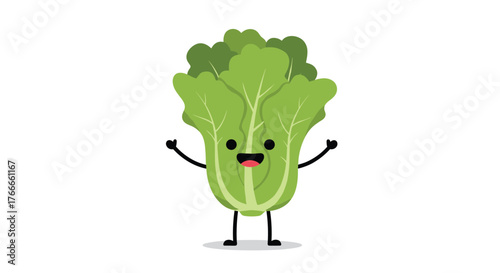 Happy and cute cartoon bok choy vegetable character with a joyful expression, standing with arms up in a welcoming gesture on a white background.