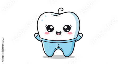 Adorable cartoon baby tooth character wearing a blue onesie, smiling sweetly, perfect for pediatric dental health illustrations.