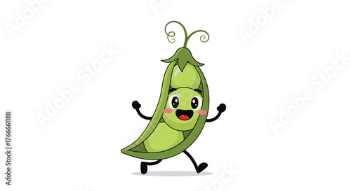 A cheerful cartoon pea pod character with an open shell and a happy face joyfully runs across a white background.