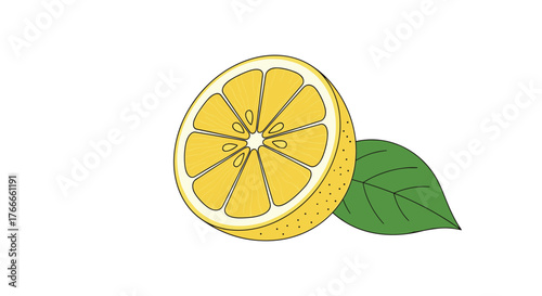 A colorful illustration of a sliced lemon with a green leaf against a white background.