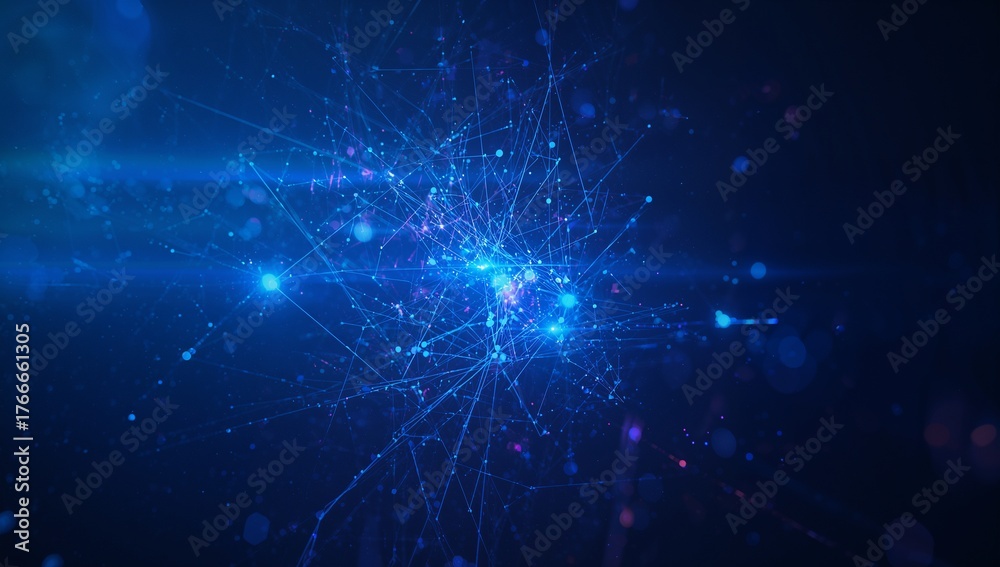 Fototapeta premium Glowing network cluster floating in cyber void, with lines and nodes, light flares and particles