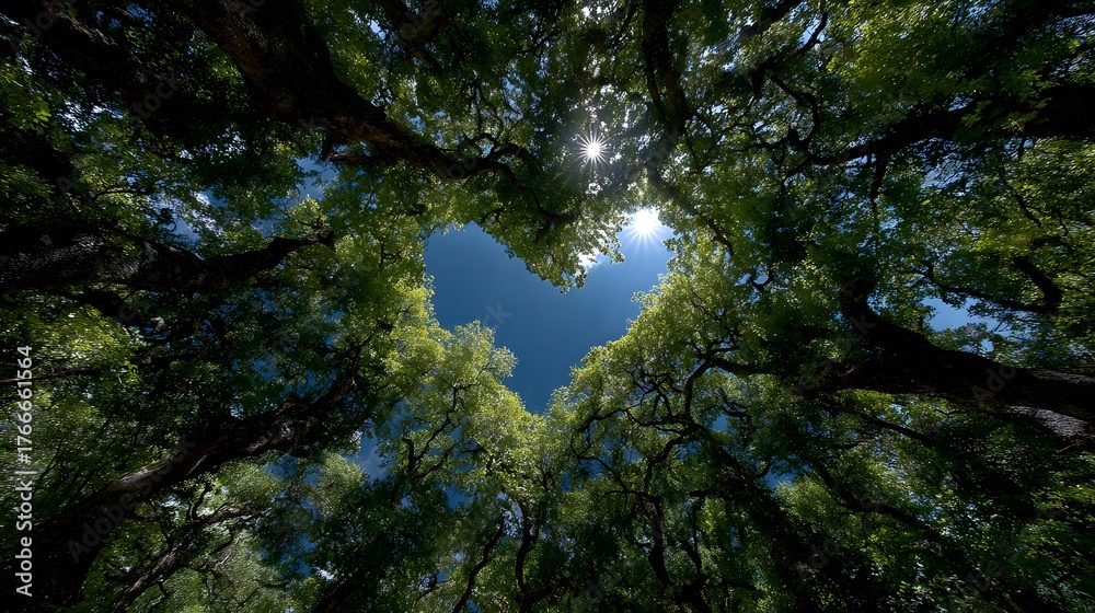 Fototapeta premium Beautiful, upward-looking photorealistic view through a heart-shaped opening in a green tree canopy, revealing a bright blue sky and shining sun.