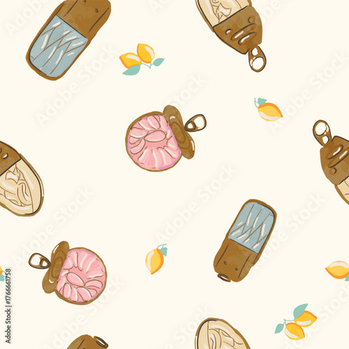 Nautical Vector Seamless Pattern Oceancore Sardines, Crabs, seafood and Lemons