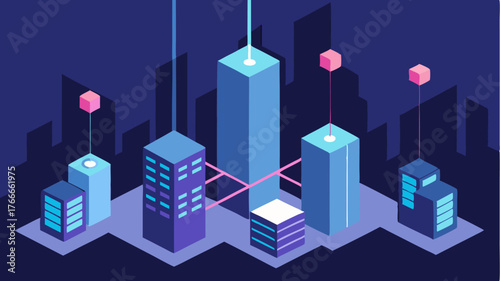 A futuristic cityscape where buildings are represented as blockchain nodes with animated connections zipping through the air at varying speeds.