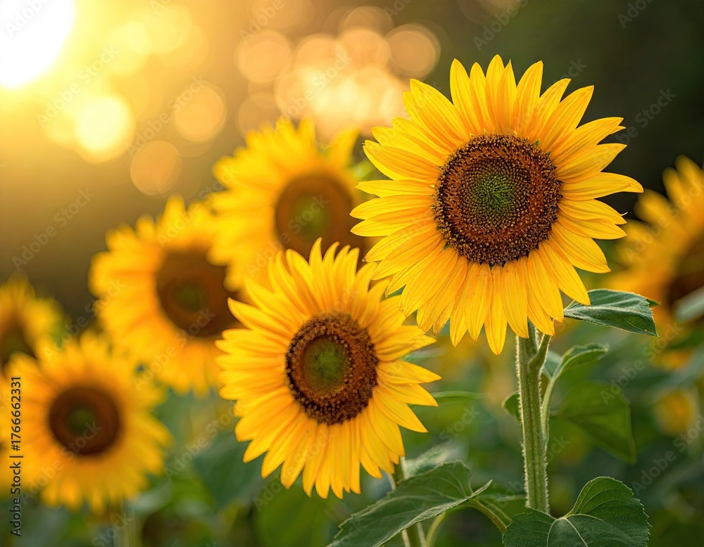 Obraz premium Radiant Sunflowers in Warm Sunlight with Blurred Background Floral Beauty and Golden Illumination in Field Floral Composition