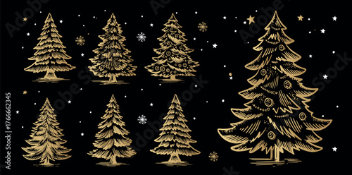 Christmas gold tree set on black. Hand drawn illustration.	
