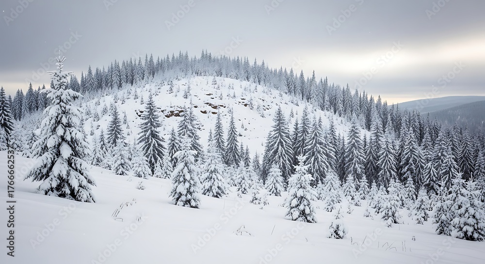 Naklejka premium Snow-Covered Mountain Forest - A Winter Wonderland Landscape.
