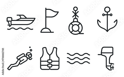 Nautical icon set: boat, anchor, diver, life vest, waves, buoy, motor