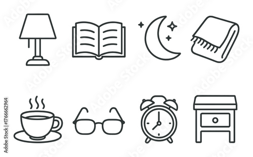 Cozy nighttime essentials: lamp, book, moon, blanket, coffee, glasses, alarm, nightstand icons