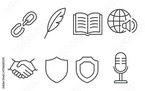 Monochrome communication icons: shield, book, globe, microphone, quill, handshake