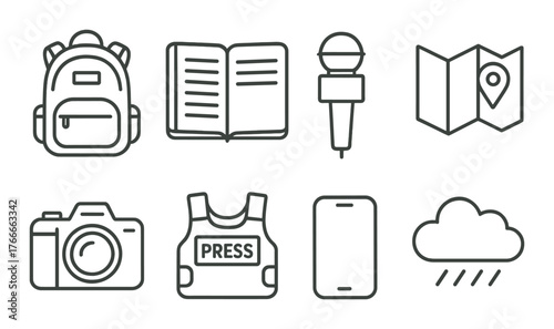 Essential journalism tools: backpack, notebook, microphone, map, camera, press vest, smartphone, cloud