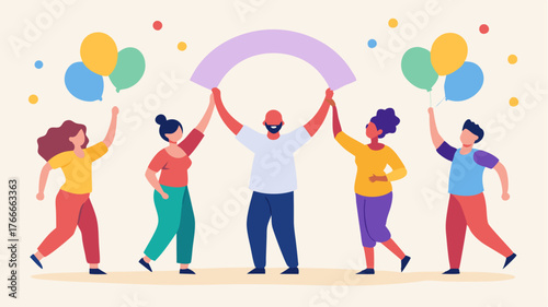 A group of neighbors participates in a flash mob dance with a large sign reading Celebrate Joy held high as a colorful balloon arch frames the area.