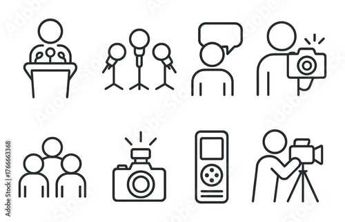 Minimalistic black linear icons for media and communication themes