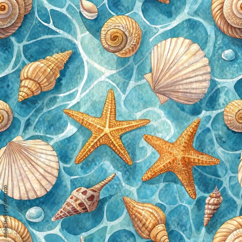Group of seashell starfish on blue sea background.