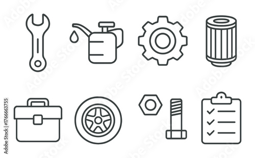 Monochrome automotive tools icons set: wrench, oil can, gear, filter, toolbox, wheel, nut, drill, checklist