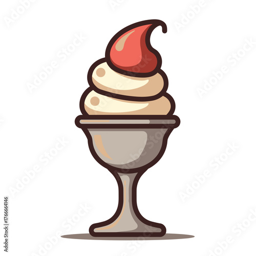 Delicious ice cream in sundae cup, topped with flavorful strawberry sauce. Ice cream consists of creamy vanilla swirls in dessert dish. Yummy ice cream for treats and snacks, enjoyed at any time.