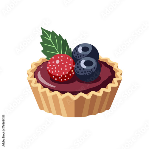Delicious looking berry tart, a single-serving miniature fruit pie, shown on white background. Berry tart includes blueberries and strawberries atop chocolate filling, making for tasty treat.