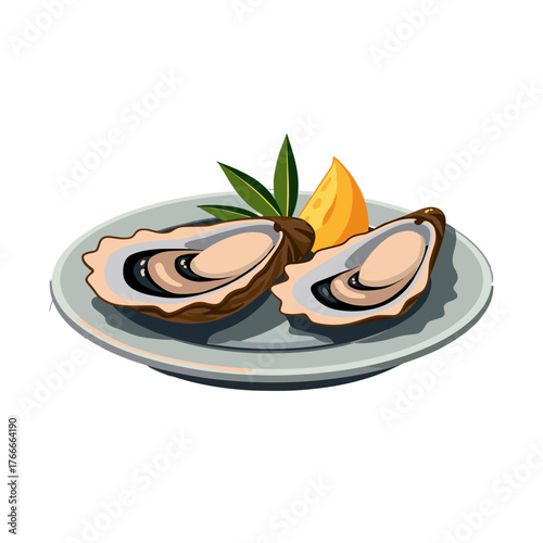 Fresh oysters on plate served with lemon, showing tasty molluscs in shells. Plate of fresh oysters prepared and ready to eat, delicious raw shellfish rich in protein and omega 3 fatty acids.