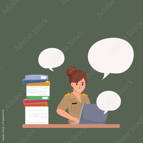 Thai teacher woman working with laptop at desk. Cartoon vector premium.