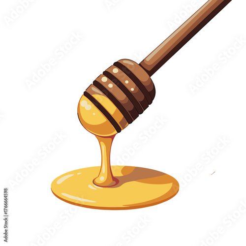 Honey dipper dripping golden honey onto surface. Delicious honey adds sweetness and flavor to any dish or beverage. Concept of honey dipper for organic products, advertising, and healthy lifestyle,
