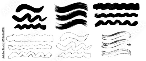 Abstract calligraphic waves, thick brush strokes, black ink wavy lines, Chinese and Japanese calligraphy. Black squiggle paint line set. Wiggly brush stroke collection. 