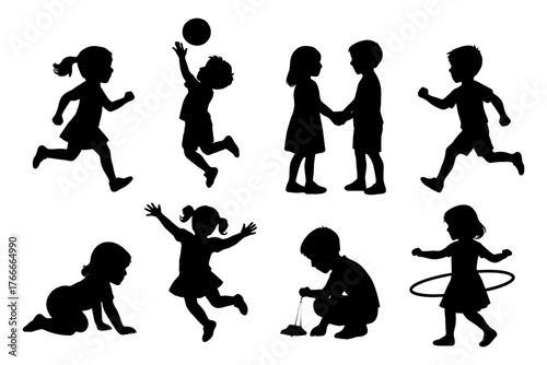 A series of silhouettes of children playing. Scene is playful and fun. Vector. Silhouette illustration.