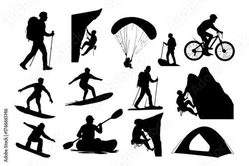 A collection of silhouettes of people doing various outdoor activities such as snowboarding, kayaking, and biking. Vector. Silhouette illustration.
