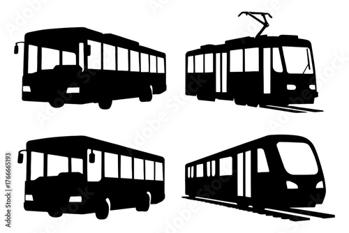 Four different types of buses are shown in black and white. The first bus is a city bus, the second is a trolley. Vector. Silhouette illustration.
