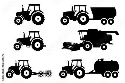 A series of black and white drawings of farm tractors. The tractors are all different sizes. Vector. Silhouette illustration.