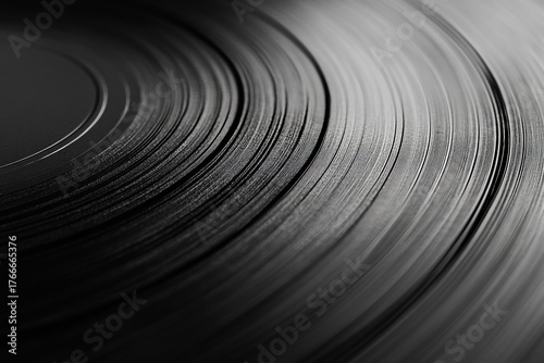 A closeup shot of a vinyl record displaying the grooves and surface texture