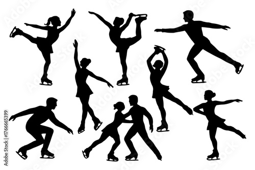 A series of silhouettes of ice skaters performing various moves. Scene is energetic and dynamic. Vector. Silhouette illustration.