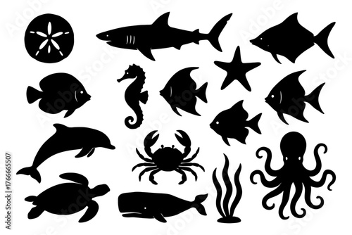 A diverse collection of black and white drawings of various sea creatures, including fish, crabs, and octopuses. Vector. Silhouette illustration.