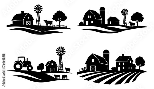 Four silhouettes of farm scenes with a tractor, a barn, and a windmill. The mood of the images is peaceful. Vector. Silhouette illustration.