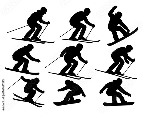 A series of silhouettes of skiers and snowboarders in various positions. Scene is energetic and dynamic. Vector. Silhouette illustration.
